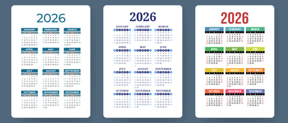 Calendar 2026. Colorful vector set. Pocket calender collection. Week starts on Sunday. Basic grid template for print