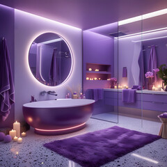 Step into a world of modern luxury with this hyper-realistic 3D-rendered bathroom. This sophisticated and high-end space features a circular bathtub in a rich, elegant hue