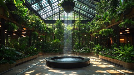 A stunning atrium with hanging plants, a glass ceiling, and a central fountain bubbling gently