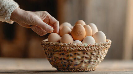 Person placing fresh eggs in woven basket, showcasing rustic setting, chicken business renting concept