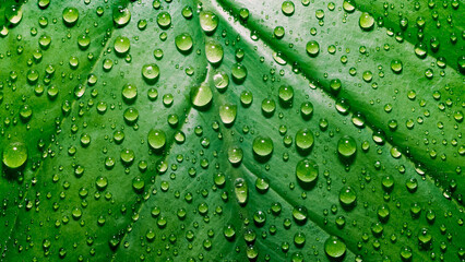 green leaf of a plant with dew drops close up