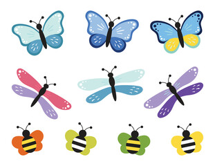 Cute butterfly, dragonfly, bee collection, kids cartoon vector. Illustration isolated on white background. Color insect clipart. Baby shower design elements. Party invitation, birthday celebration