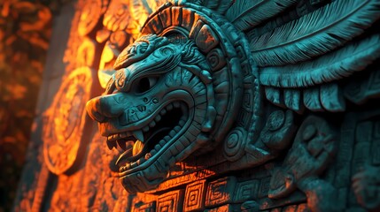Obraz premium Aztec Jaguar Deity Art – AI-Generated Mesoamerican Conservation, Feathered Serpent Wildlife Poster