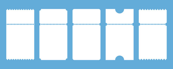 Set of ticket mockups. with ruffle edges. Small vertical empty templates. Concert, movie or theater ticket. Boarding blank, lottery, sale coupon. flat vector illustration design.