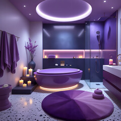 Step into a world of modern luxury with this hyper-realistic 3D-rendered bathroom. This sophisticated and high-end space features a circular bathtub in a rich, elegant hue
