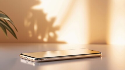 Close-up of a sleek smartphone lying on a desk with soft natural lighting.