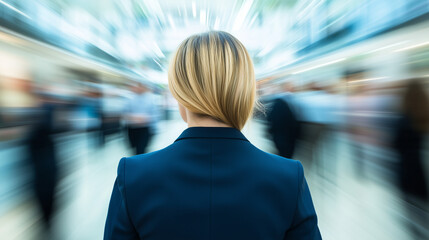 Confident Businesswoman in a Dynamic Office Environment" A successful, smiling businesswoman stands confidently in a modern office with motion-blurred colleagues in the background,