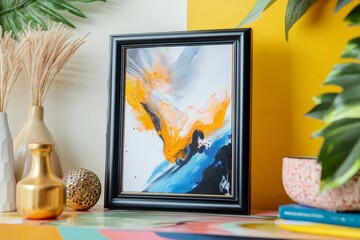 A beautifully framed abstract painting brings a pop of color to a modern table setting adorned with vibrant decor items. The scene showcases creativity and style in home design