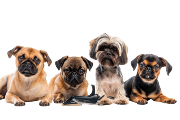 Adorable group of four dogs posing together on white background with grooming tools nearby, showcasing their playful personalities and unique breeds