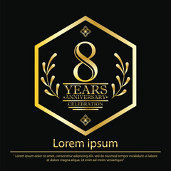 8th years anniversary celebration emblem. black anniversary logo isolated with hexagon geometric badge frame and laurel wreath. vector illustration template design	