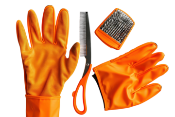 Bright orange cleaning gloves, scissors, and a comb arranged neatly on a simple backdrop for domestic tasks and grooming