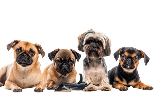 Adorable group of four dogs posing together on white background with grooming tools nearby, showcasing their playful personalities and unique breeds