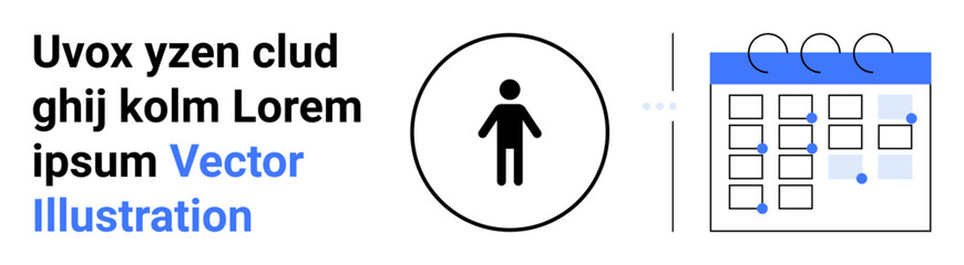User icon within circle beside grid-style calendar with marked dates and minimal text design. Ideal for scheduling, reminders, planning, organization, profiles, events, simple landing page