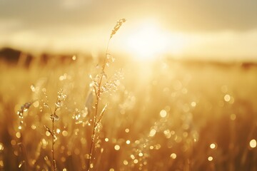 Golden Hour Dew Drops on Grass  Nature Background