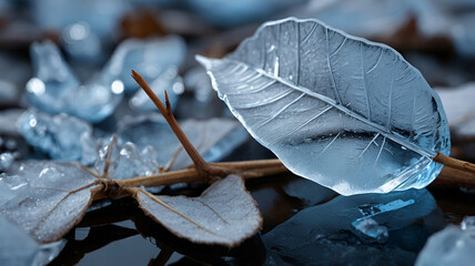 Nature’s Crystal Memory: Ice-Kissed Leaf Resting in the Heart of a Serene, Snow-Draped Valley of Winter Dreams with natural background ai.

