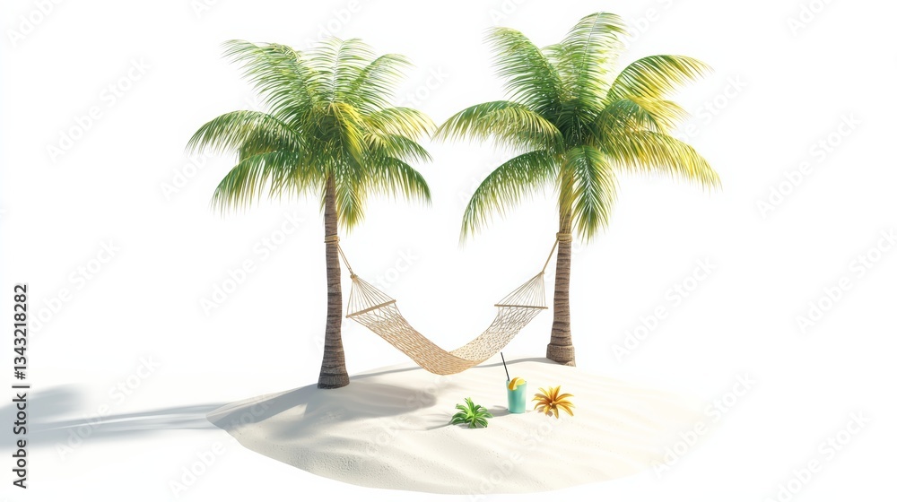 Poster a serene beach scene featuring two palm trees with a hammock strung between them, surrounded by sand
