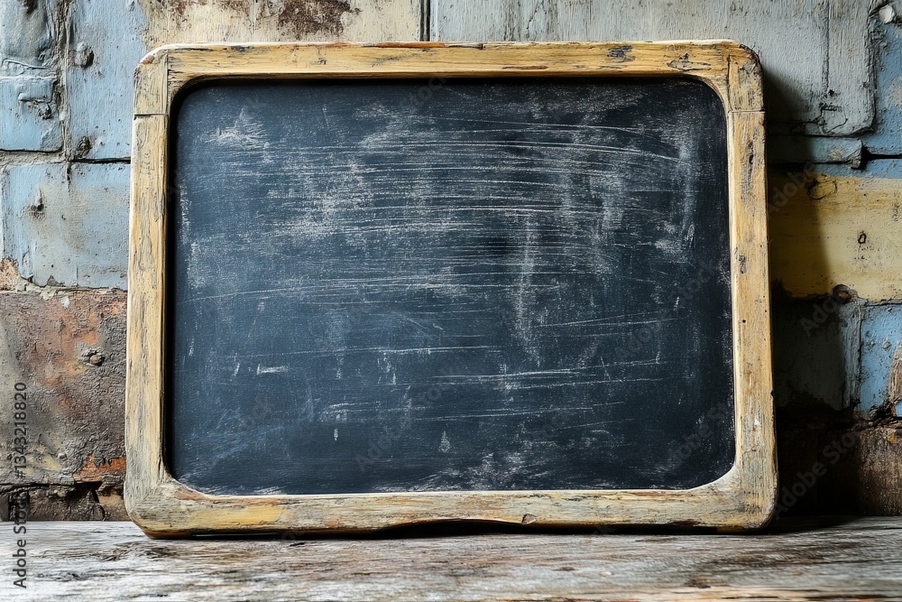 Poster rustic chalkboard against a weathered wall creating a nostalgic setting for writing messages or draw