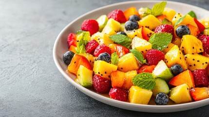 Colorful fruit salad with fresh berries and melon garnished with mint leaves.