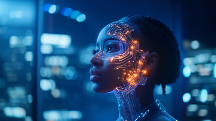 visionary depiction of a female android in an advanced tech metropolis, featuring biomechanical design with illuminated pathways running through her robotic body. The scene highlig