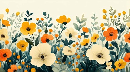 Colorful wildflowers blooming amongst green leaves and stems in a field