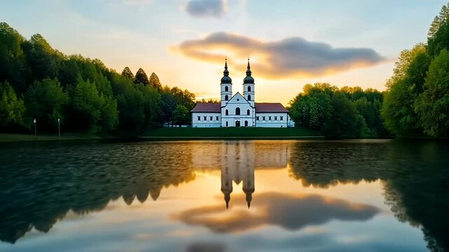 Historic European monastery reflecting on tranquil lake at sunset, serene spiritual retreat, Easter weekend celebration, peaceful landscape