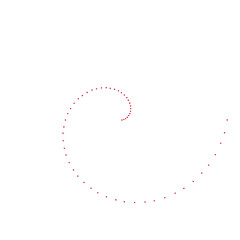 Red dotted spiral design on a white background, gradually expanding outward in a smooth, curving line.