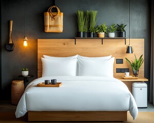 Modern minimalist bedroom with wooden headboard, plants, and comfortable bedding