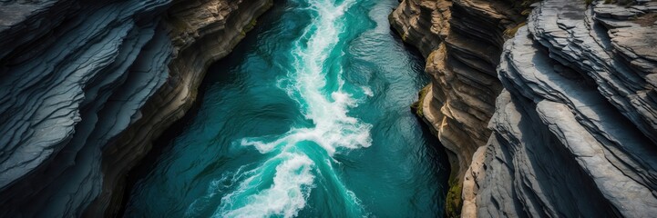 Aerial View of the Turquoise River Rapids Cutting Through Rocky Cliffs, Captivating Natural Scenery