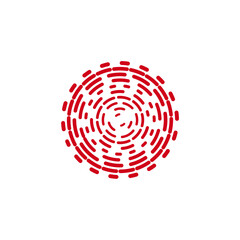 Red circular pattern of lines and dots resembling a digital fingerprint on a white background.