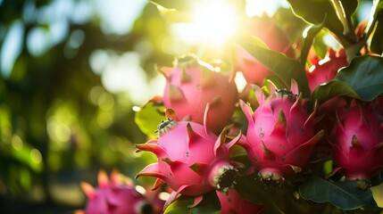 fresh dragonfruit on wooden table with dragonfruit tree in sunlight as background with space for text