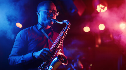 Fototapeta premium Soulful Saxophonist in a Vibrant Jazz Club Performance