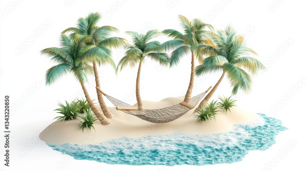 Poster a serene tropical scene featuring a hammock strung between palm trees on a sandy beach with gentle w