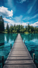 Summer dock view across the clear lake surrounded by lush trees
