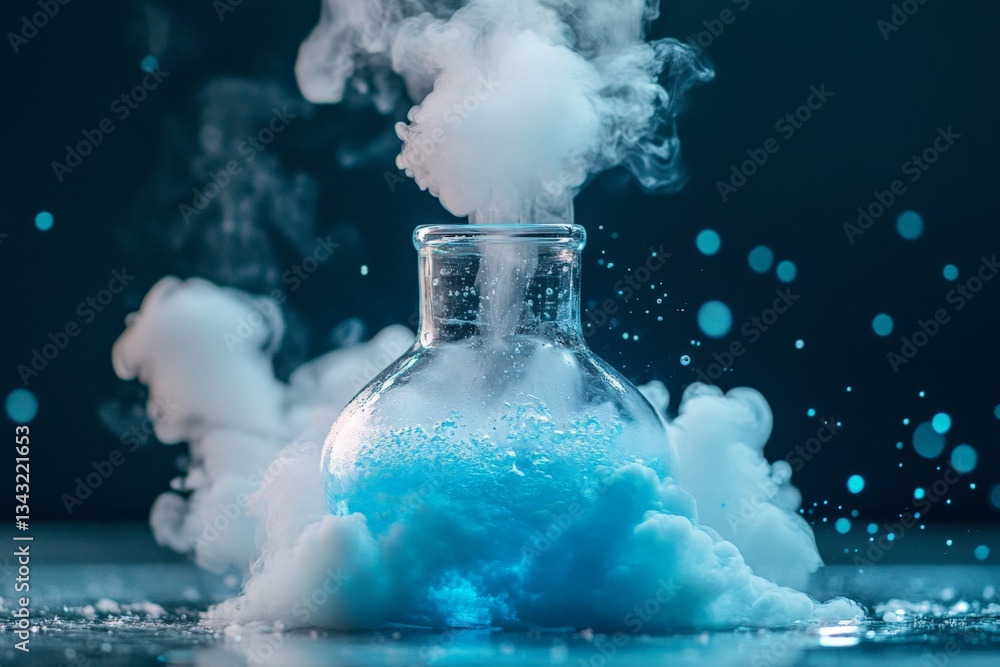Poster Experiment with bubbling blue liquid and steam rising in a laboratory setting during a science demonstration
