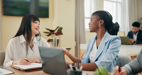 Fototapeta premium Smile, business and women with laptop in meeting for planning, explain proposal and legal documents. People, hr and discussion with b2b paperwork, insurance policy and feedback of investment contract