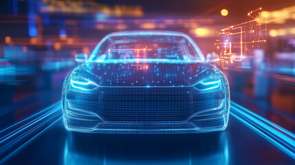 Fototapeta premium fully automated car factory using AI-powered analytics and robotic arms to construct green energy vehicles. Intelligent computer vision systems scan each step of the assembly proce