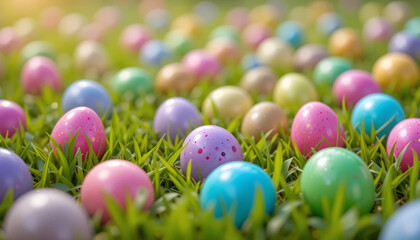 Colorful Easter Eggs on Fresh Green Grass Spring Festive Decoration, Easter Hunt, Pastel Holiday Celebration