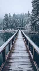 Winter dock stretching over still lake surrounded by snow-covered trees