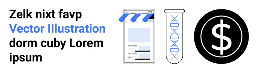 Mobile storefront window, test tube with DNA helix, and dollar sign in a black circle. Ideal for e-commerce, science, finance, innovation, technology, biotech and a simple landing page