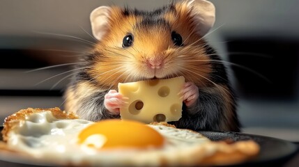 Hamster is holding a piece of cheese in its mouth. The hamster is on a plate with an egg and cheese