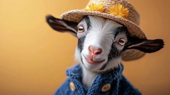 Goat wearing a straw hat and a blue jacket. The goat has a smile on its face