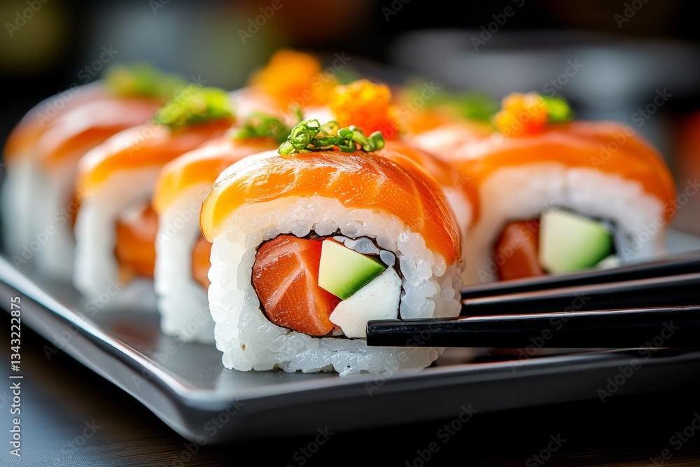 Aufkleber plate of sushi with a piece of cucumber sticking out of it. the sushi is arranged in a row and has a