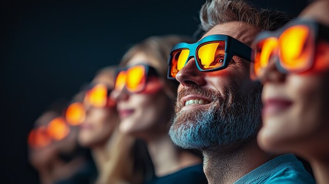 Man with a beard and glasses is smiling at a group of people wearing glasses. The group is watching a movie together