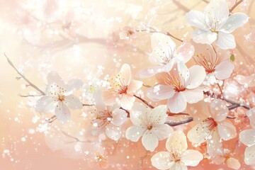 Cherry blossoms bloom in spring sunlight, creating a delicate and serene atmosphere in the garden