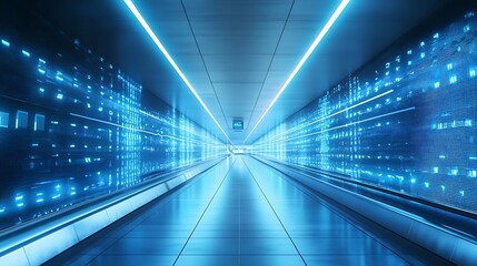 Fototapeta premium Walking Through Futuristic Tunnel with Glowing Blue Light Displays