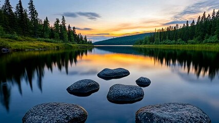 Peaceful sunset over serene lake with reflection, ideal for tranquility, meditation themes, or Earth Day promotions