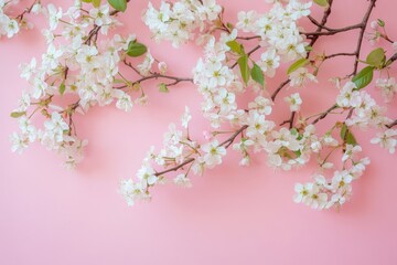 Obraz premium Beautiful cherry blossom branch with delicate white flowers against a soft pink background