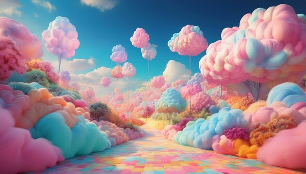 A dreamlike world where clouds are made of colorful cotton candy. Semi-realistic scene emphasizing vibrant tones, soft textures, and a whimsical, imaginative sky environment.
