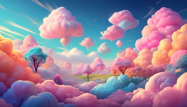 A dreamlike world where clouds are made of colorful cotton candy. Semi-realistic scene emphasizing vibrant tones, soft textures, and a whimsical, imaginative sky environment.
