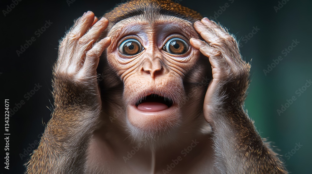 Poster monkey with its hands on its head and a surprised expression. the monkey is looking at the camera an
